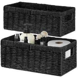 Vagusicc Wicker Storage Basket, Set of 2 Hand-Woven Paper Rope Wicker Baskets for Organizing Decor Storage Bins for Counter Shelves Pantry Basket Small Toilet Paper Basket for Toilet Tank Top, Black