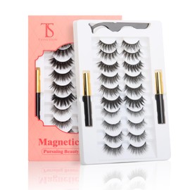 THINKSHOW Magnetic Eyelashes Kit, Long Lasting and Reusable Magnetic lashes Natural Look, 10 Pairs False Eyelashes with Magnetic Eyeliner & Tweezers, Easy to Wear, No Glue Needed(10-2)