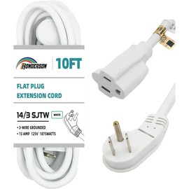 HONDERSON Flat Plug Indoor Extension Cord, UL Listed, 14 Gauge 10FT White 3 Prong Heavy Duty, 14/3 SJTW 15A Power Cord for Lights, Appliances, Home