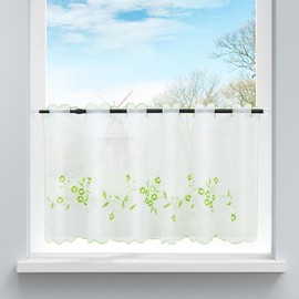 HongYa Voile Net Curtain Transparent Cafe Curtain Short Curtain with Flower Embroidery H/W 30 x 90 cm Green