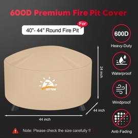 Zettum Fire Pit Cover Round 44 Inch - Outdoor Firepit Cover Waterproof & Heavy Duty, 600D Patio Fire Table Cover Gas Fire Pit Accessories Fade & Weather Resistant - 44 x 44 x 24 Inch