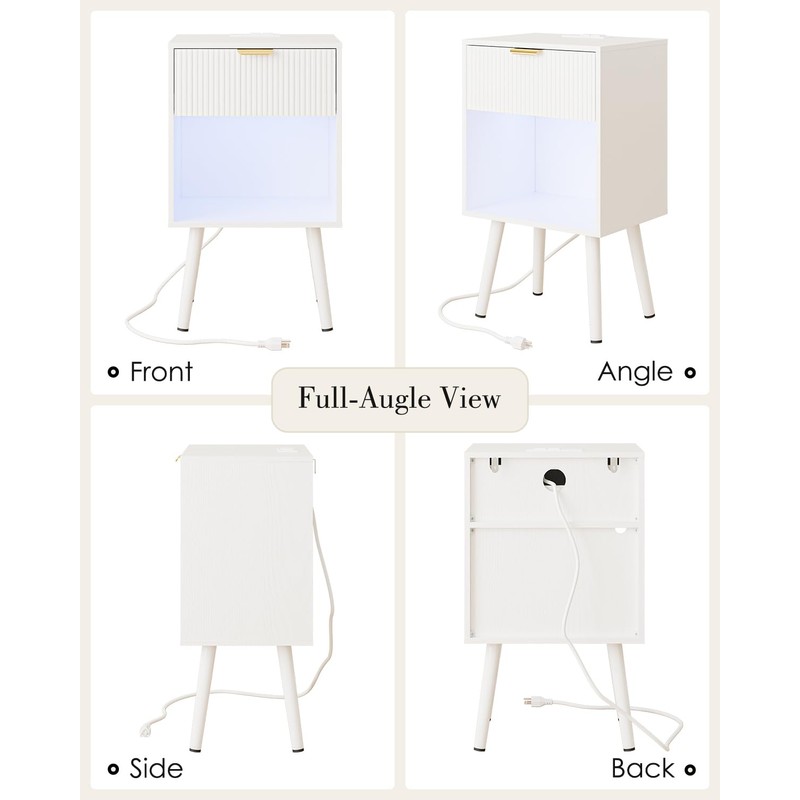 ASACESCU White Fluted Nightstand with Charging Station, Modern Bedside Table