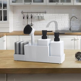Kitchen Soap Dispenser Set with Sponge Caddy and Brush Holder, Dish Soap and Hand Soap Dispenser for Kitchen Countertop Sink Organiser (White, 4 in 1)