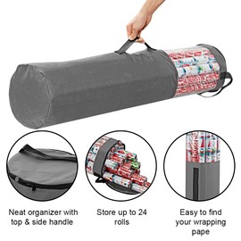 ProPik Gift Wrapping Paper Storage Organizer Bag, Store Up To 25 Rolls 40 Inch, Heavy Duty Polyester plus PVC Clear Bag With Handles And Zippered Top For Holiday Gift Wrap And Ribbons (Grey)