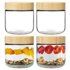 NETANY 4-pack 10oz Glass jars with Airtight Lids, Overnight Oats Containers with Bamboo Lids, Wide mouth Mason Salad jars, Glass Food Storage Containers for Snacks Yogurt Spice Sugar