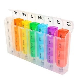 7 Day Pill Box Organiser, Portable Weekly Medication Pill Storage Box, Rainbow Pill Box with 28 Compartments, 4 Times a Day - Morning, Noon, Evening and Bed