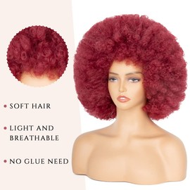 70's Afro Wig for Women, Burgundy Wine Red Short Afro Kinky Curly Wig, Glueless Synthetic Wig with Bangs, Puffy & Fluffy Bouncy Afro Wig for Daily Cosplay Party