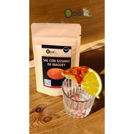 Sal con Gusano de Maguey - Opal Prehispánicos - 100g. La sal con el sabor más intenso y auténtico a gusano rojo de maguey en el mercado. Ideal para carnes, mariscos, frutas y botanas, siendo el complemento perfecto para un mezcal y coctelería. No es solo