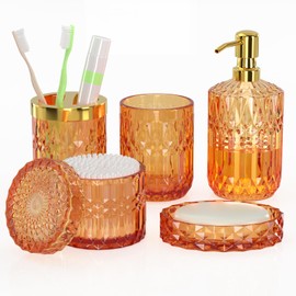 Orange Glass Bathroom Accessories Set 5 Pcs, Orange Bathroom Set, Soap Dispenser and Toothbrush Holder Set, Qtip Holder Set, Vintage Bathroom Sink Set, Cute Bathroom Decor