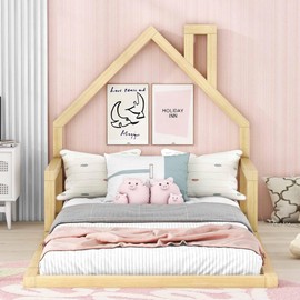 Harper & Bright Designs Twin Kids Bed with House-Shaped Headboard, Twin Floor Bed with Solid Wood Slats,Twin Size Platform Bed Frame for Girls Boys,No Box Spring Needed,Natural