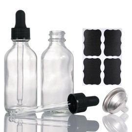 LIYUABU Glass Dropper Bottle,60ml Pack of 2,Reusable Small Glass Bottles with Stainless Steel Funnel 4 Labels Perfect for Travel Essential Oil Perfume and Other Liquid Storage Tincture Bottles