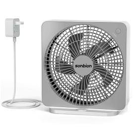 SONBION 10 Inch Box Fan, Small Window Fan, Quiet Electric Fan with Three Speeds, Square Desk Fan for Home Office Room Apartment, 1.7 LB Lightweight, DC Adapter Plug Powered, One Button Control Design