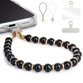 Conaks Phone Charm, CellPhone Charms Strap with 2 Tether Tab, SmartPhone Wrist Strap for Women, phone chain wristlet for Women & Girls (Golden beads and Obsidian)