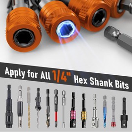 Enhanced Non-Slip Bit Holder Key Chain 6pc, 1/4 Inch Hex Shank Bit Holders, Impact Bits Holder for Screwdriver & Drill bits, Quick Release Bit Holder w/Black Keychain, Cool Gifts for Men, Orange