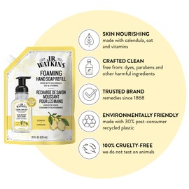 J.R. Watkins Foaming Hand Soap Refill, Moisturizing Foam Hand Wash, Formulated with Plant-Based Cleansers, Alcohol-Free, Cruelty-Free, Lemon, 28 fl oz, 2 Pack