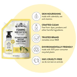 J.R. Watkins Foaming Hand Soap Refill, Moisturizing Foam Hand Wash, Formulated with Plant-Based Cleansers, Alcohol-Free, Cruelty-Free, Lemon, 28 fl oz, 2 Pack