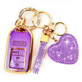 Nomiyo Key Fob Cover with Diamond Bling Keychain for Women, Car Key Holder Compatible with Honda 2016 2017 2018 2019 2020 2021 etc, TPU Key Case and Elegant Heart Key Chain (Purple, 1PCS)