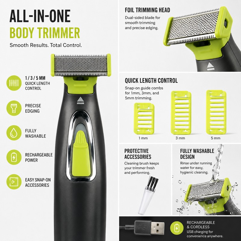 Rechargeable Electric Shaver for Men – Washable Beard & Body