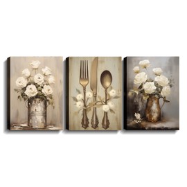 Kitchen Wall Art 3 Pcs Vintage Canvas Fork Knife Spoon Picture Retro White Flower in Pot Painting Print Arkwork for Dining Room Restaurant Home Decor Framed(Art-4,11.00"x14.00"x3P)