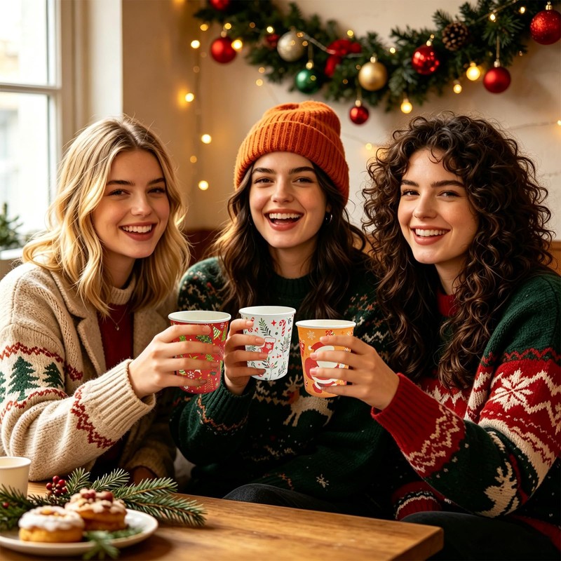 60 Pcs Christmas Paper Cups Disposable, 9 oz Xmas Coffee