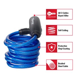 Master Lock 8127TRI Bike Lock Cables with Key, 3 Pack Keyed-Alike, Blue, Green, & Red, 6 ft. Long