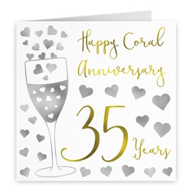Hunts England - 35th Wedding Anniversary Card - Happy Coral Anniversary - 35 Years - Silver Hearts Collection - For Couples, Friends, Him, Her