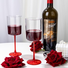 Ciaell 12 Pack 10 Oz Clear Plastic Wine Glasses with Red Stem - Disposable Cocktail Goblets Perfect for Parties & Weddings & Poolside & Outdoors & Camping