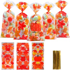 DERAYEE 120 Pieces Fall Cellophane Treat Bags, Fall Gift Bags Goodie Bags of Fall leaves for Kids Autumn Party Favor Supplies