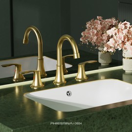Phiestina Brushed Gold Widespread 8 Inch 3 Holes Bathroom Faucet，2 Handles Modern Bathroom Sink Faucet with Metal Pop-Up Drain & cUPC Water Supply Line, WFTY36-BG