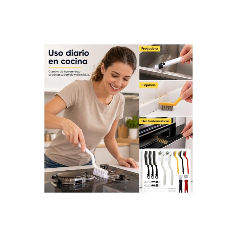 Cepillo de Limpieza 16 Piezas, Kit para Grietas, Cocina, Baño