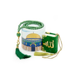 ihvan online, Islamic Prayer Cylinder Gift Box with Elegant Velvet Covered Mini Quran & Prayer Beads Tesbih, Misbaha Tasbeeh Sibha 99 Mala Tasbih, Ramadan & Eid Gift, Aksa Green