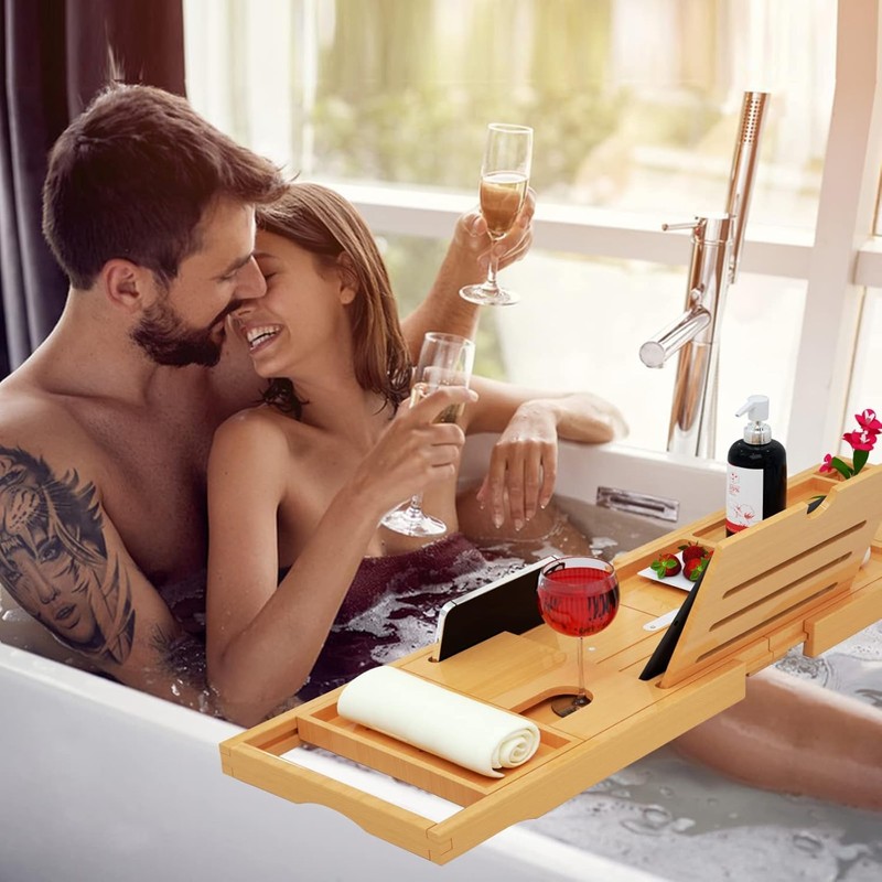 Premium Expandable Bamboo Bathtub Tray Caddy - Fits Most Bath