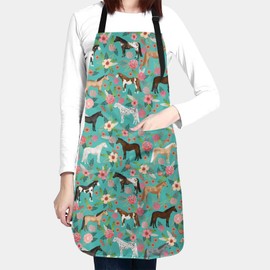 WELBB Aprons With Pockets for Men Women Kitchen Apron Cooking Waterproof with Adjustable Neck Floral Horse Print, Black, One Size