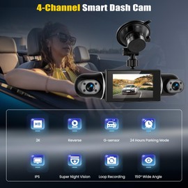 GOHHDL 2K Dashcam vorne und hinten 4 Kanal, 360-Grad 3 Zoll Dashcam, Autokamera mit APP-Steuerung, IR-Nachtsicht, Loop-Aufzeichnung, G-Sensor, Einparkhilfe, 24-Stunden-Parküberwachung