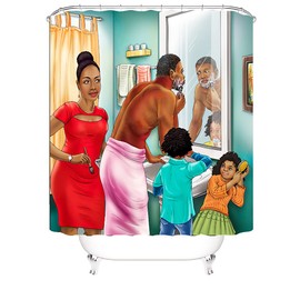 hipaopao 4Pcs The Family Theme Kids Shower Curtain Set with Non-Slip Rugs and Toilet Lid Cover African Couple Black Girl Fabric Shower Curtain Bathroom Decor with Hooks Waterproof Washable 72" x 72''