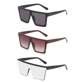 YAMEIZE 3 Pairs Vintage Flat Top Rectangle Oversized Sunglasses - for Women Men Big Frame UV400 Protection Trendy Square Glasses Outdoor, Black, silver, brown