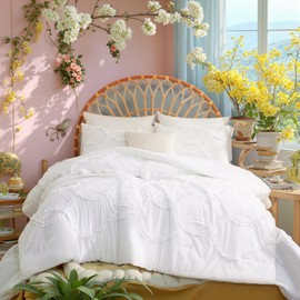 Merryword White Farmhouse Comforter Set King Size 3 Pcs Ruffled Ruched Bedding Comforter Shabby Chic Vintage Comforter Set for Women Girls