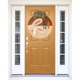 Happy Easter Peeking Bunny Door Hanger - Cute Easter Bunny Saying Hi on an 18" Painted and Stained Round with Bow