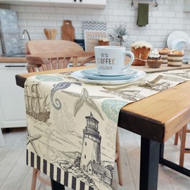 Summer Scallops Starfish Coral Coastal Table Runner, Retro Ocean Beach Sea Animals Theme Home Kitchen Dining Table Runner, Nautical Table Runner Indoor Outdoor Party Decor 13x120IN