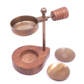 Farbenwald Incense Burner Height Adjustable for Smoking Resins, Woods and Leaves with Extra Sieve (Brass with Wooden Base)
