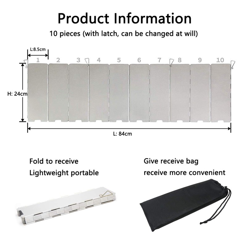 HKKAIS Outdoor Camping Windshield 10 Aluminum Windshield Ultralight Folding Windshield