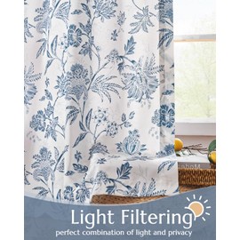 jinchan Light Filtering Floral Curtains for Living Room, 63 Inch Blue Cottage Core Curtains with Printed Flower Canvas, Farmhouse Drapes Set of 2 Panels