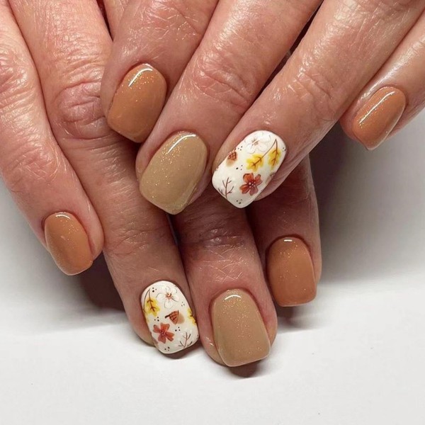 Fall Press on Nails Short Square Fake Nails Flower Glue