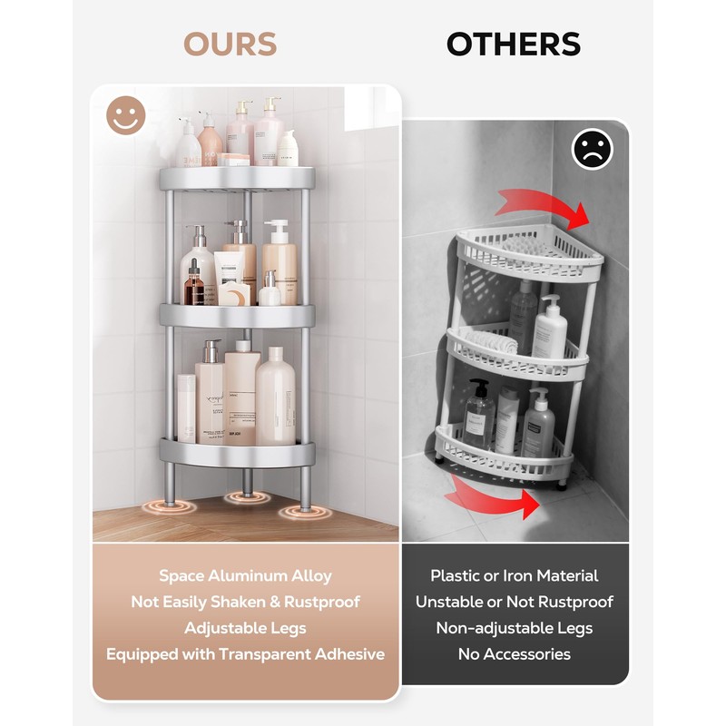Nieifi Corner Shower Caddy Stand-3 Tier Rustproof Anodized Aluminum Standing