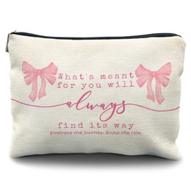 Likjad Coquette Pink Bow Makeup Bag, Inspirational Preppy Cosmetic Bags for Women, What's Meant for You Will Always Find Its Way Positive Quote Makeup Pouch Zipper Pouch