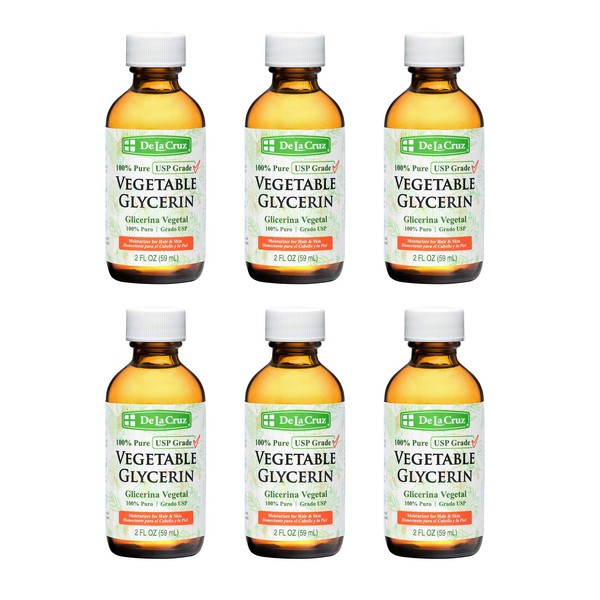De La Cruz Vegetable Glycerin, 100% Pure Liquid Glycerine USP Grade for Hair, Skin and DIY Projects 2 FL. OZ. (6 Bottles)