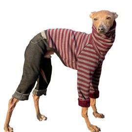 D DOGGY STAR Italian Greyhound Clothes Stripe Fleece Stretchable Denim Onesie Whippet for Dog Turtleneck Outfits Coat (M,Denim Burgundy)