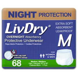 LivDry M Overnight Adult Diapers for Women and Men, Incontinence Underwear, Medium, 68-Pack