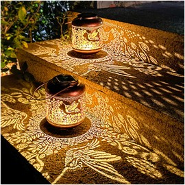 2 Pack Hummingbird Outdoor Solar Hanging Lanterns Waterproof LED Solar Lights Metal Decorative Lanterns for Garden, Patio, Courtyard, Backyard, Yard Decor Unique Hummingbird Gifts for Women Gardening