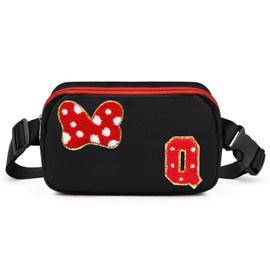Chenille Initial Letter Bow Mouse Fanny Pack, Waterproof Park Crossbody Bag Christmas Birthday Gifts for Teen Girls Daughter Women Kids Adults, Cute Belt Bag Must Haves for Park Travel (Q, Black)